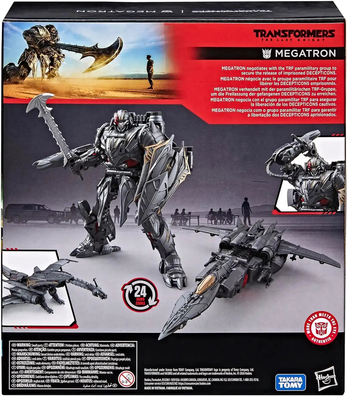 The back of Megatron’s packaging shows the robot and jet modes, his axe and shield, and the dragon-like configuration formed from his equipment. The conversion graphic lists 24 steps.