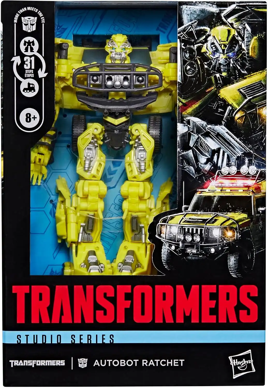 Ratchet’s window-box packaging shows the yellow-green Autobot figure, with his movie-inspired rescue vehicle and robot artwork on the side panel.