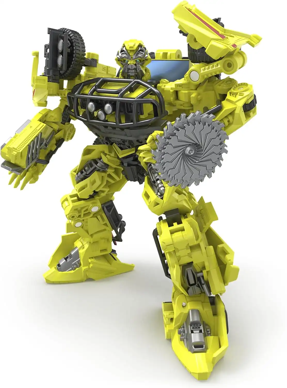 Ratchet appears in robot mode with bright yellow-green armor, gray mechanical components, and a circular saw accessory mounted on one arm.