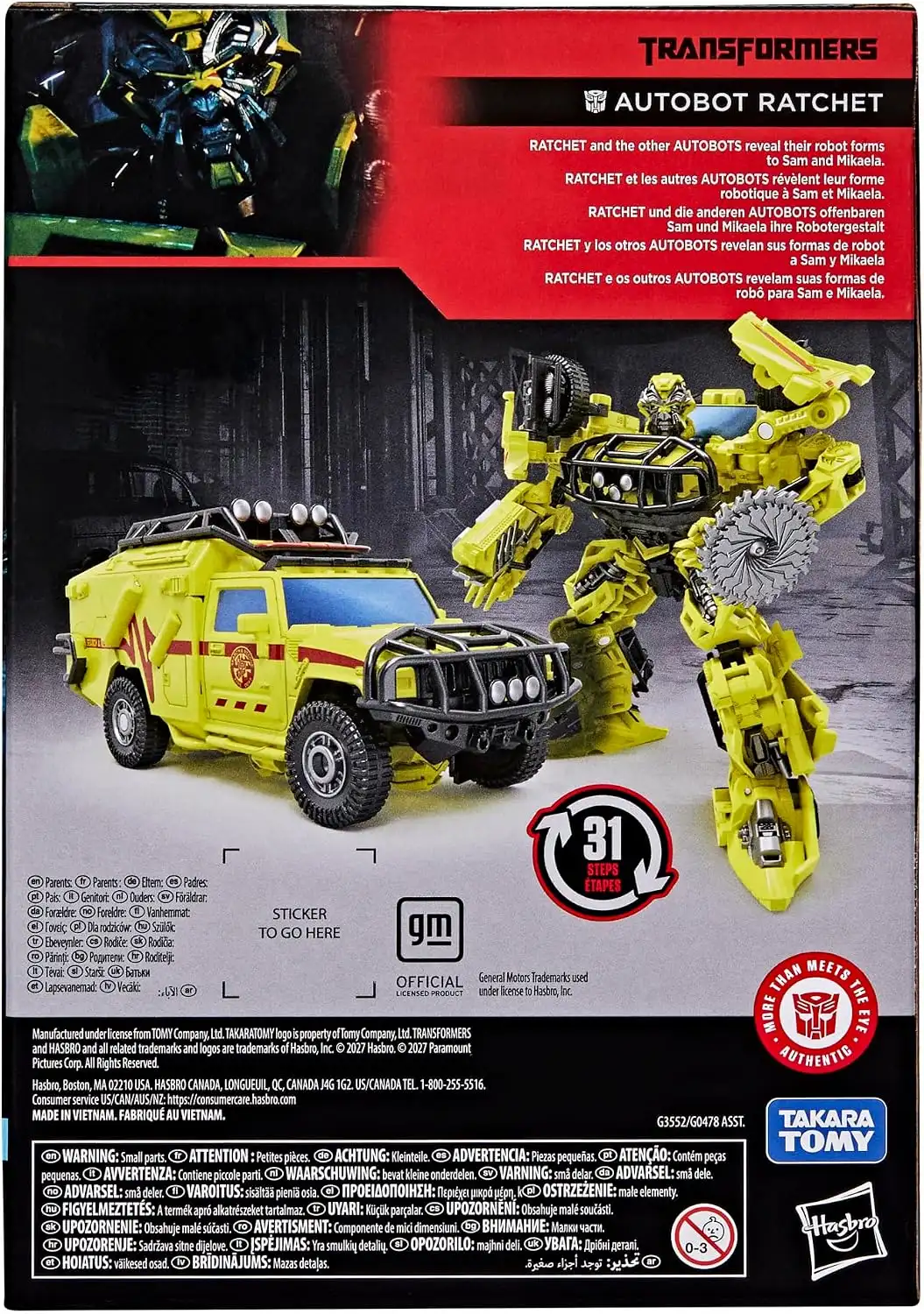 The back of Ratchet’s packaging shows his robot and rescue SUV modes together with the conversion diagram and scene information.