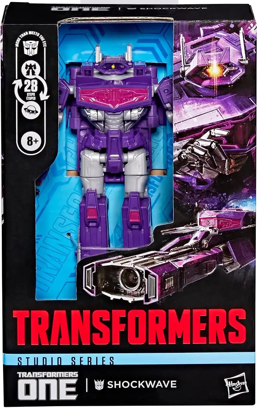 The front of Shockwave’s box displays his purple and silver robot mode, with a single yellow eye and magenta chest panel. Artwork of the character and his Cybertronian vehicle mode runs along the side.