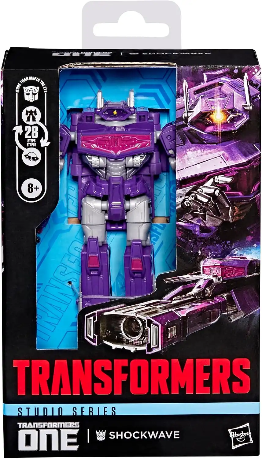 The front of Shockwave’s box displays his purple and silver robot mode, with a single yellow eye and magenta chest panel. Artwork of the character and his Cybertronian vehicle mode runs along the side.