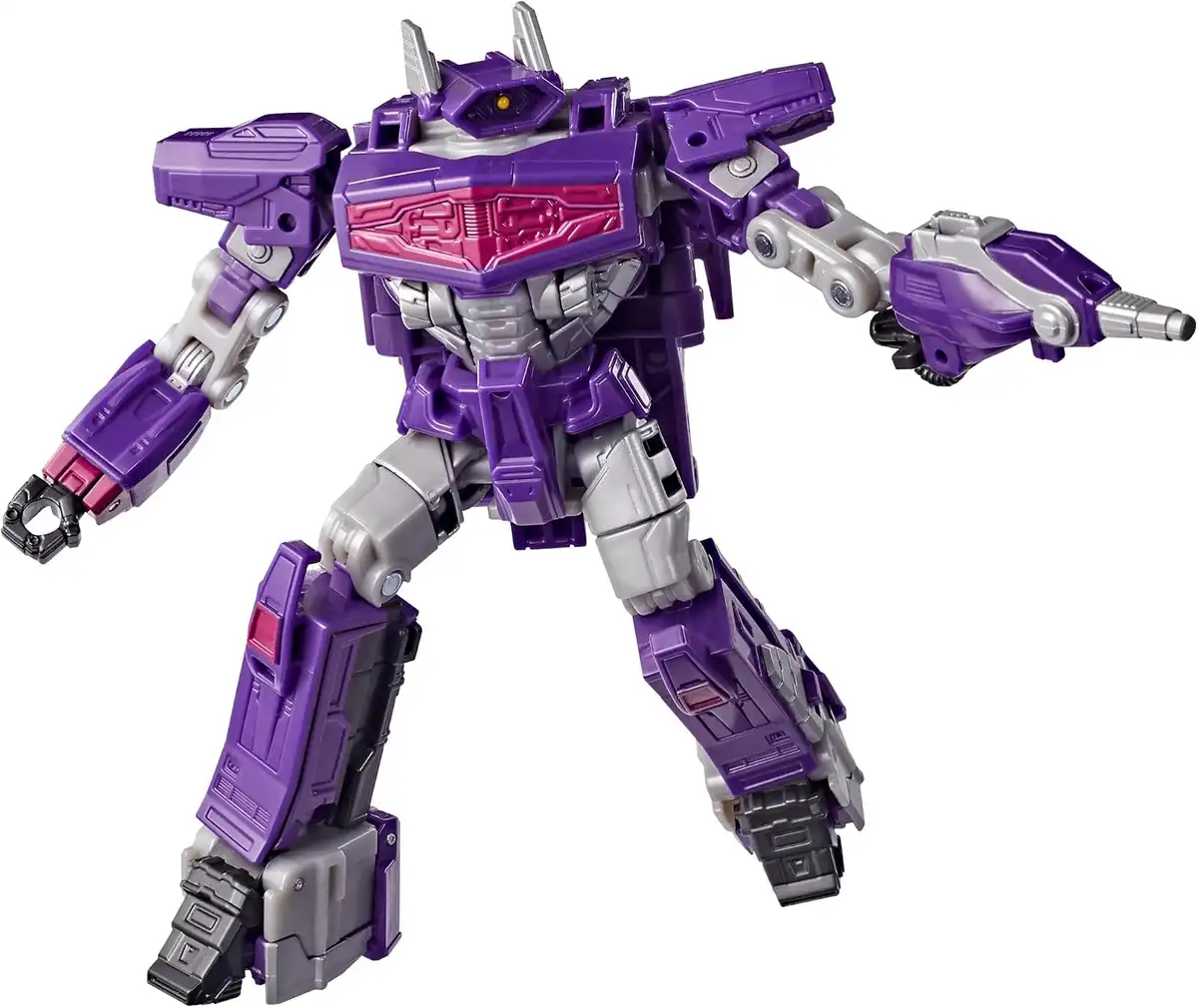 Shockwave’s robot mode features a single yellow eye, a wide magenta chest panel, silver thighs, and a cannon built into one forearm.