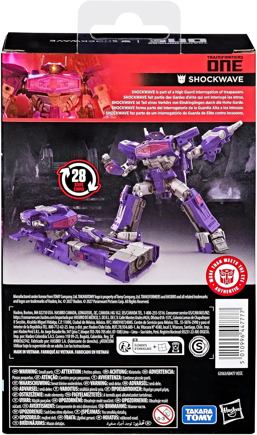 The back of Shockwave’s packaging shows his robot and Cybertronian vehicle modes and lists a 28-step conversion.