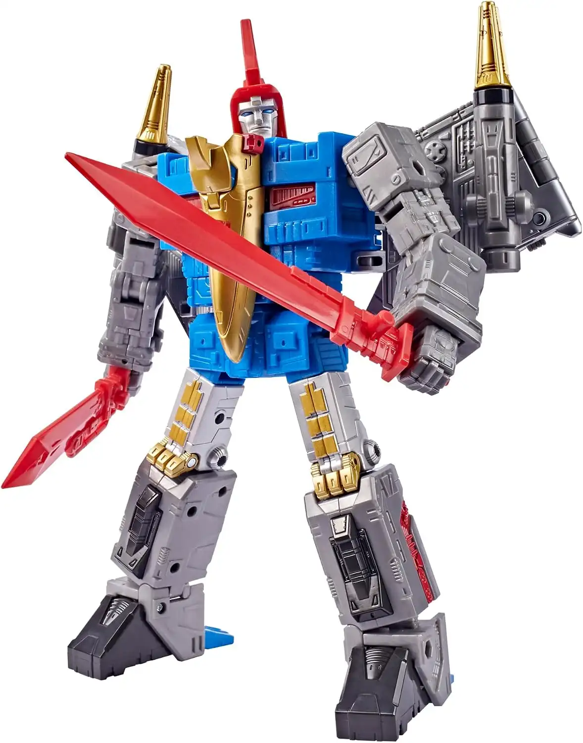 Swoop has a blue torso, red head crest, silver limbs, and gold accents, with folded wings visible behind his shoulders. He holds two red swords.