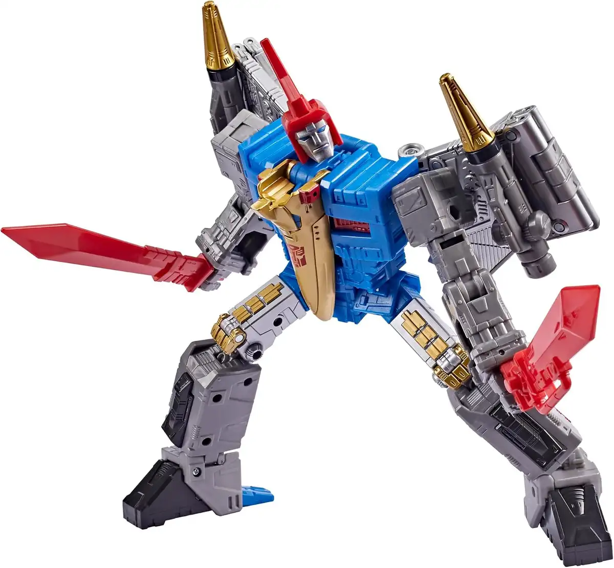 Another view of Swoop highlights his silver wing panels, gold-tipped shoulder details, and the red swords held separately in each hand.