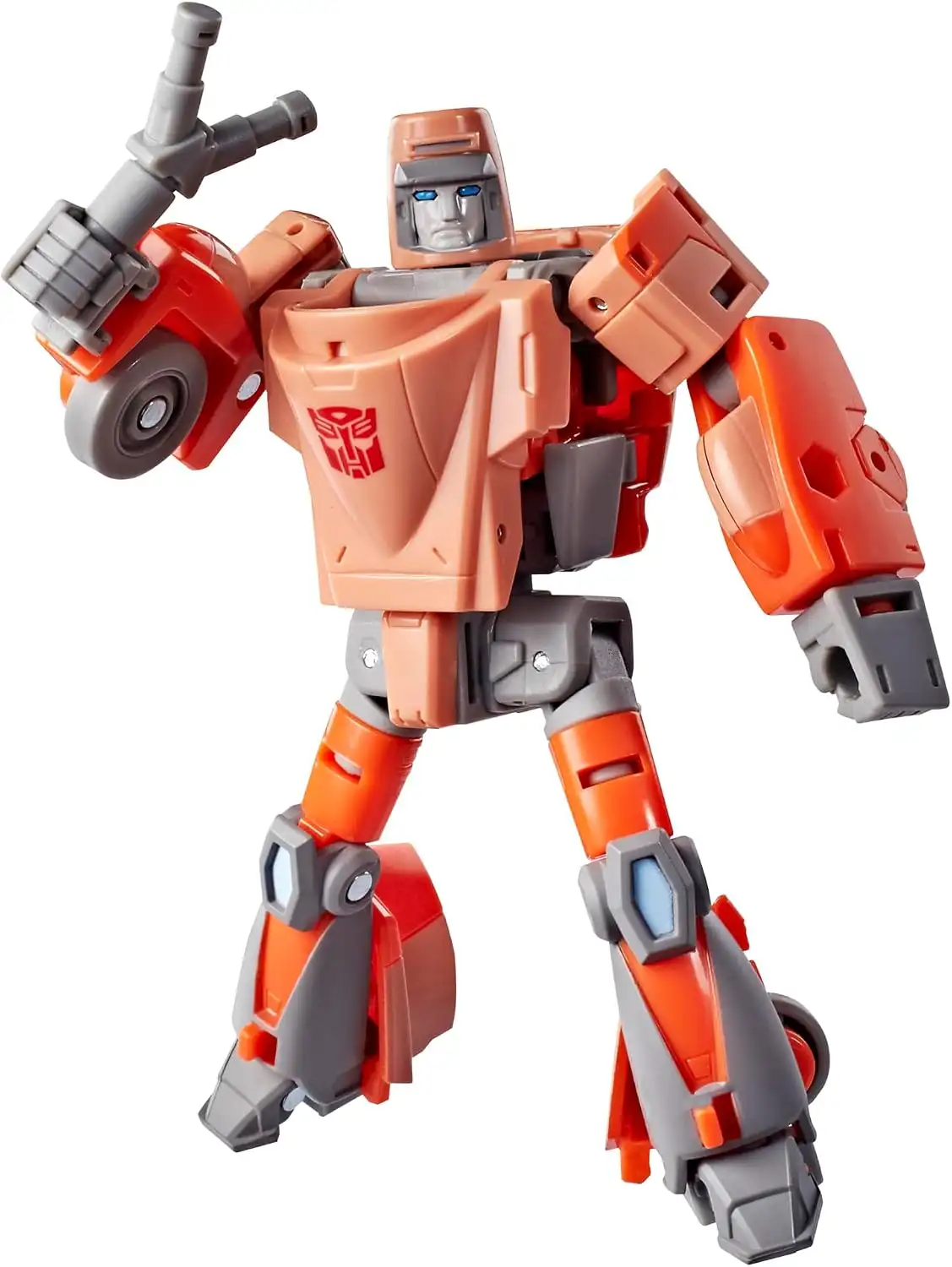 Wheelie appears in robot mode with orange limbs, a peach-colored chest, a gray face, and blue eyes. His slingshot is raised in one hand.