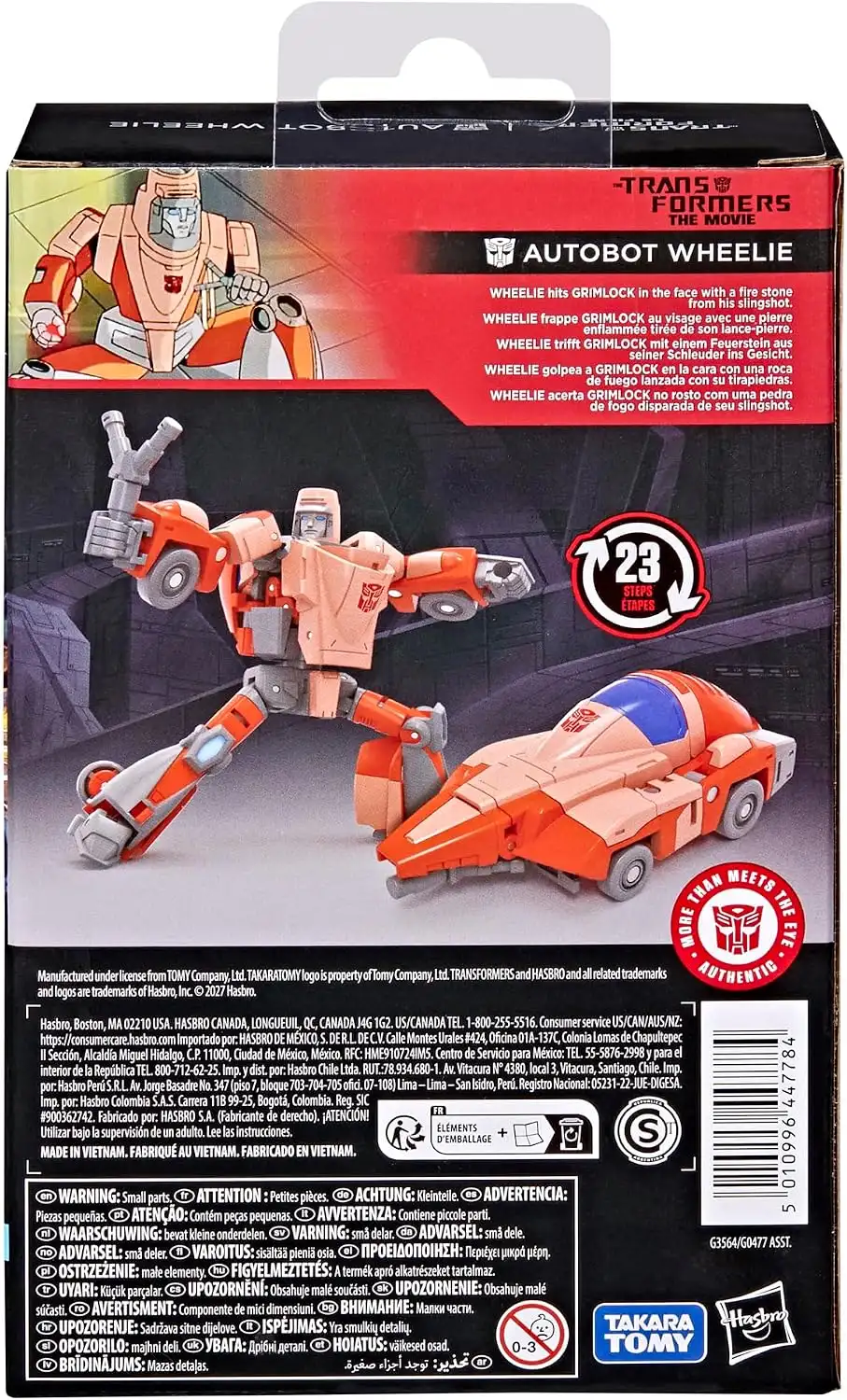 The back of Wheelie’s packaging shows his robot and vehicle modes and a 23-step conversion graphic. The scene description references his encounter with Grimlock.