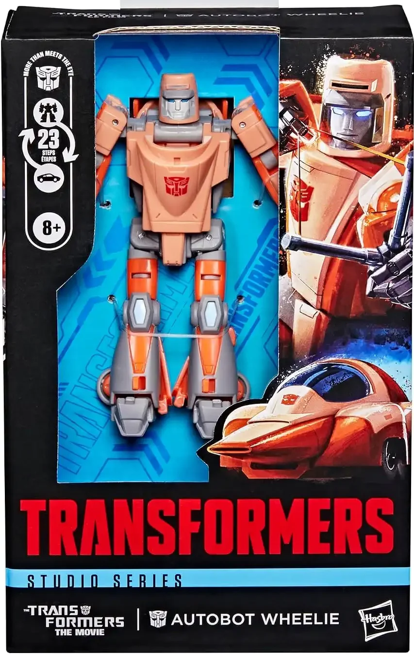 The front of Wheelie’s box displays the orange and peach robot figure alongside artwork of Wheelie and his futuristic vehicle mode.