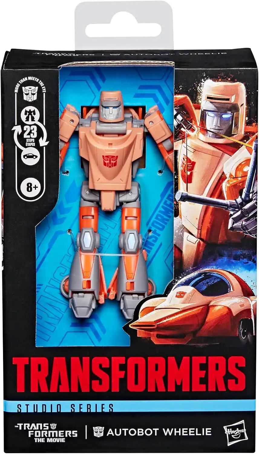 The front of Wheelie’s box displays the orange and peach robot figure alongside artwork of Wheelie and his futuristic vehicle mode.