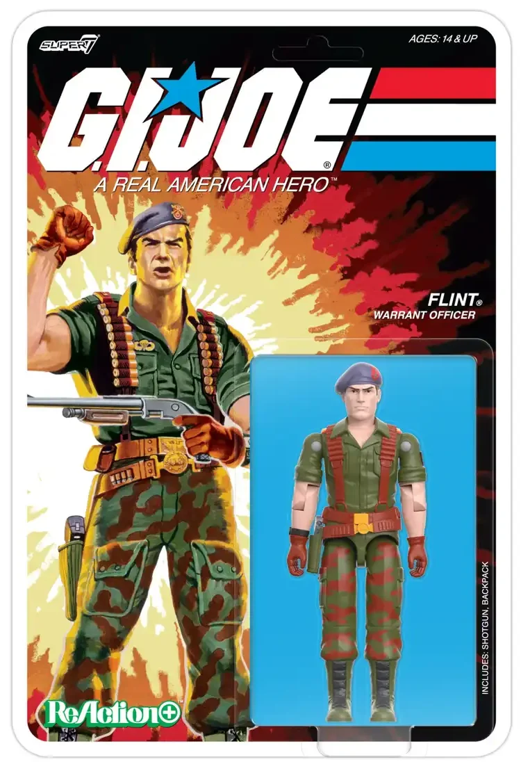 Flint's blister card features a large action illustration of the character holding his shotgun, with the figure and accessories visible through the clear blister.