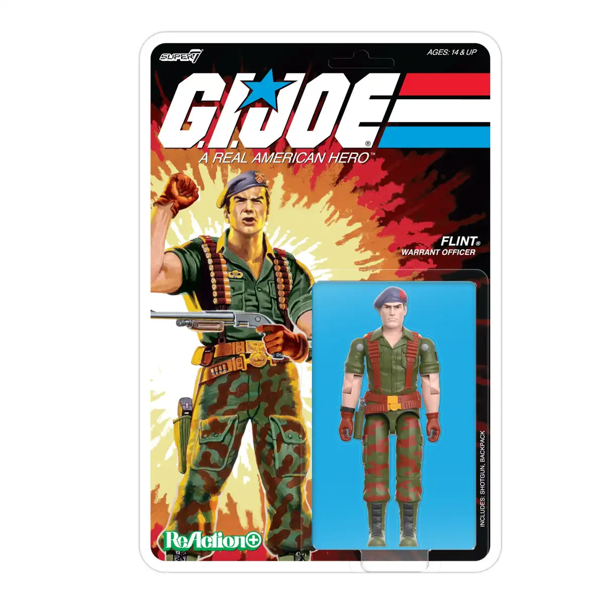 Flint's blister card features a large action illustration of the character holding his shotgun, with the figure and accessories visible through the clear blister.