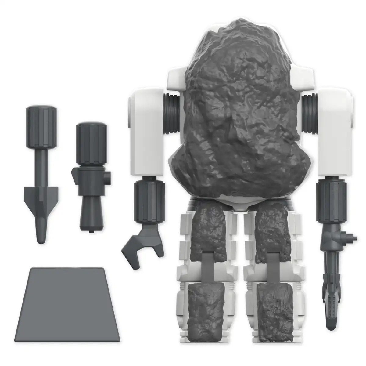 The rear view shows the gray rock disguise fitted over the armor, concealing much of its white body.