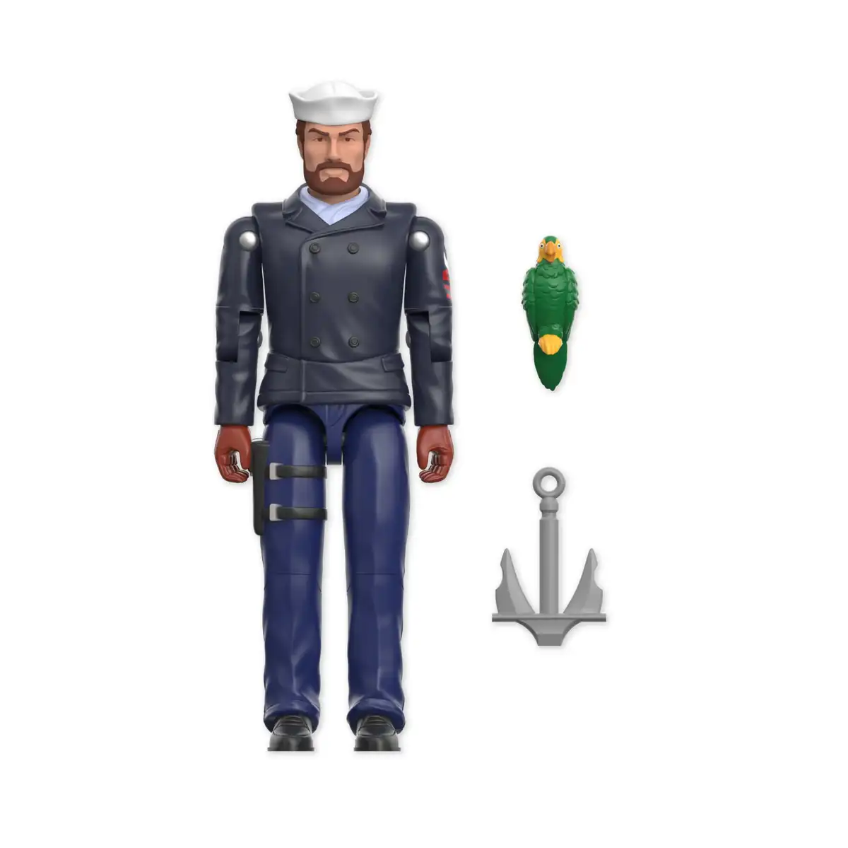 Shipwreck wears a dark navy peacoat with sculpted buttons and a white sailor cap.