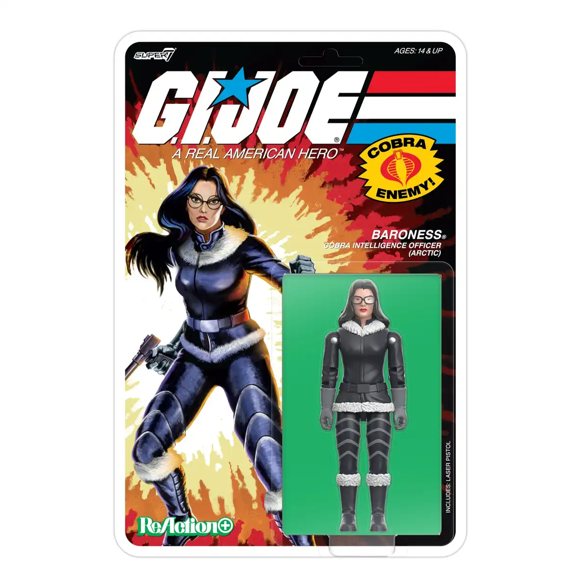 The blister card features an illustration of Baroness in her Arctic outfit holding a weapon, with the figure visible beside the illustration.