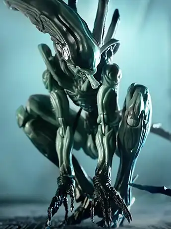 Close view of metallic green and blue Xenomorph head and torso